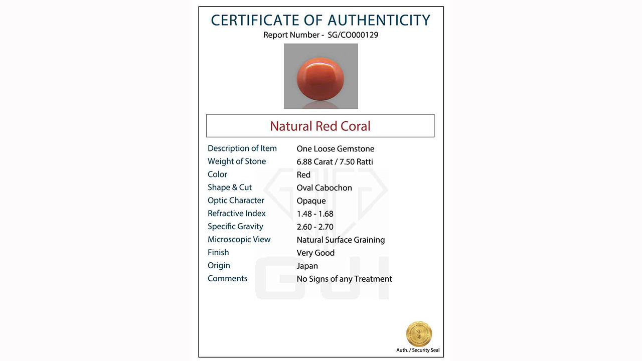 Buy GJI Certified 6.88 Carat Red Coral with lifetime guarantee