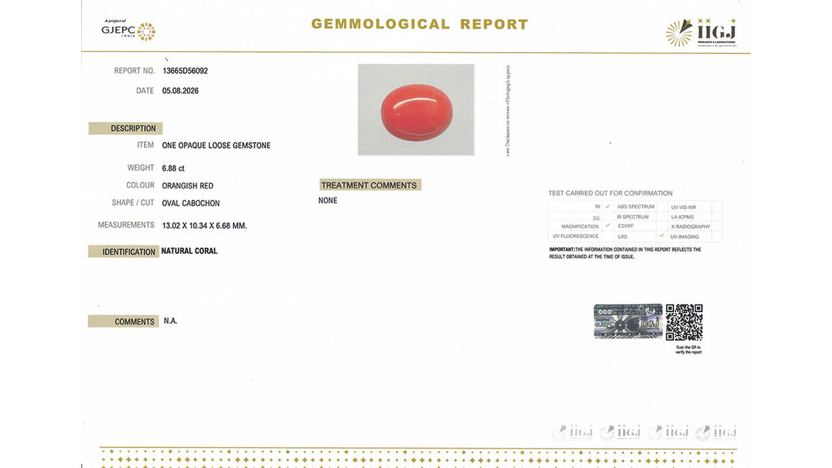 Buy IIGJ Certified 6.88 Carat Red Coral with lifetime guarantee