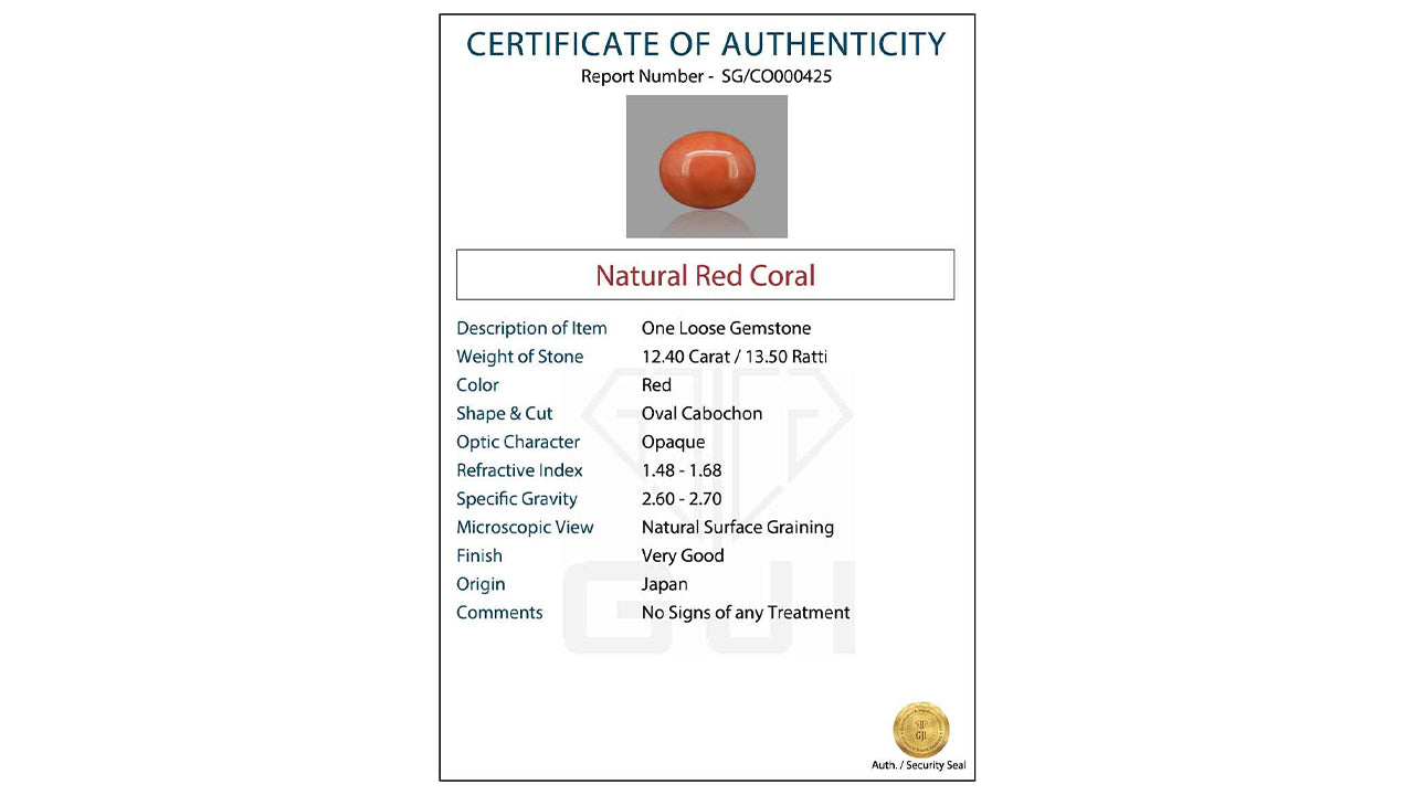 Buy GJI Certified 12.40 Carat Red Coral with lifetime guarantee