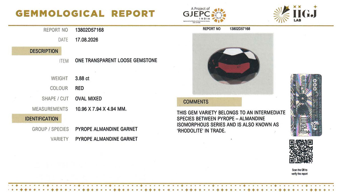 Buy IIGJ Certified 3.88 Carat Red Garnet with lifetime guarantee