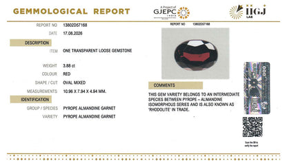 Buy IIGJ Certified 3.88 Carat Red Garnet with lifetime guarantee