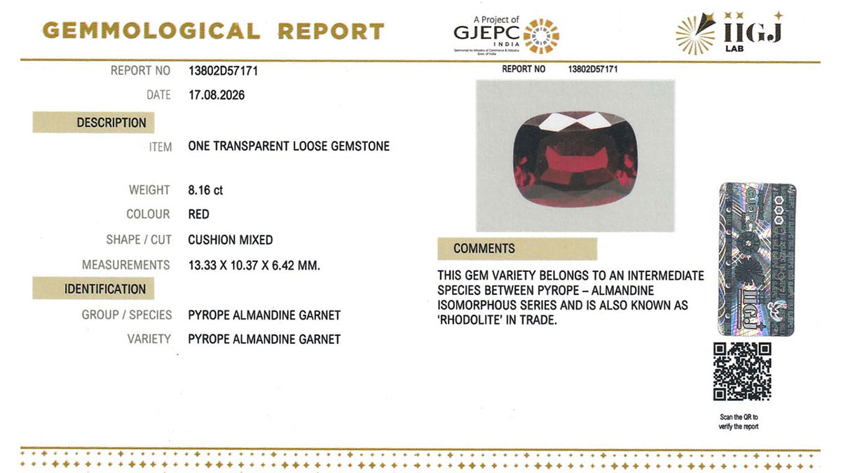 Buy IIGJ Certified 8.16 Carat Red Garnet with lifetime guarantee