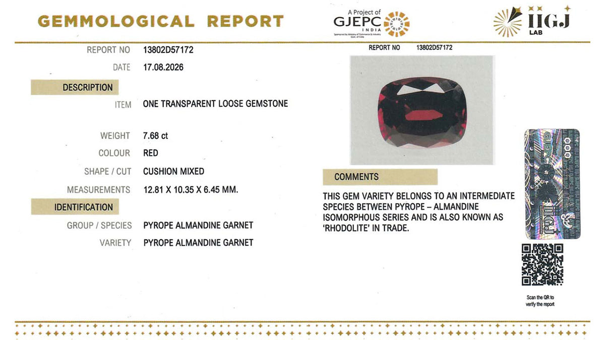 Buy IIGJ Certified 7.68 Carat Red Garnet with lifetime guarantee