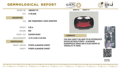 Buy IIGJ Certified 5.56 Carat Red Garnet with lifetime guarantee