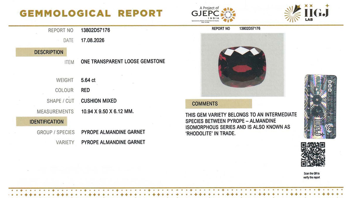 Buy IIGJ Certified 5.64 Carat Red Garnet with lifetime guarantee