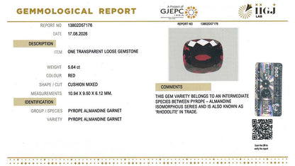 Buy IIGJ Certified 5.64 Carat Red Garnet with lifetime guarantee