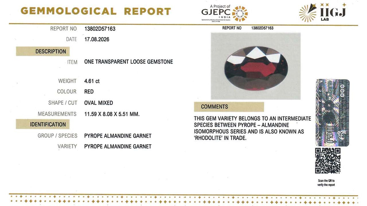 Buy IIGJ Certified 4.61 Carat Red Garnet with lifetime guarantee
