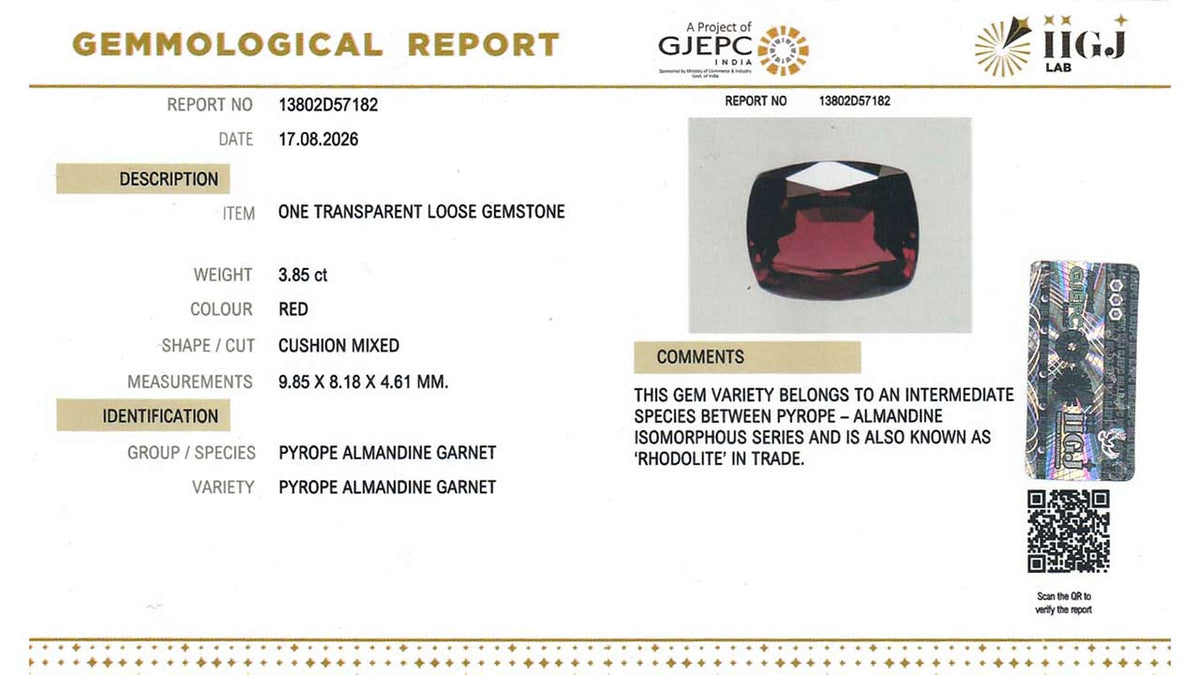 Buy IIGJ Certified 3.85 Carat Red Garnet with lifetime guarantee