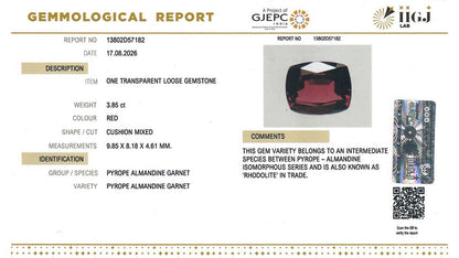 Buy IIGJ Certified 3.85 Carat Red Garnet with lifetime guarantee