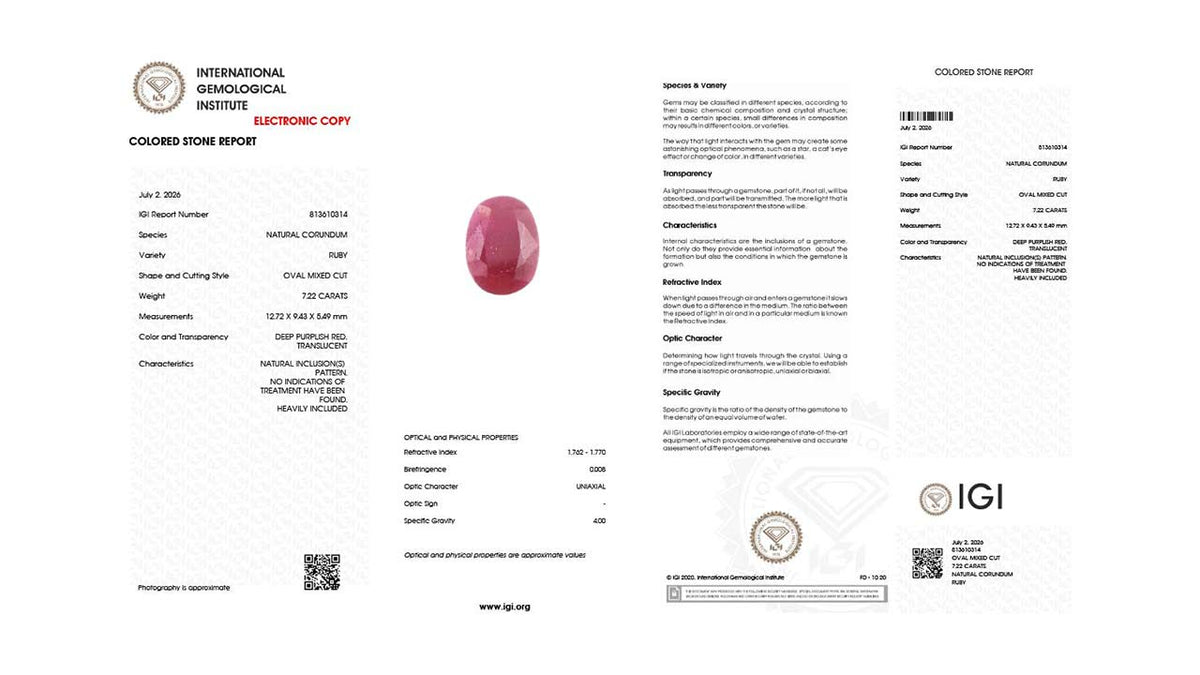 Buy IGI Certified 7.22 Carat Ruby with lifetime guarantee