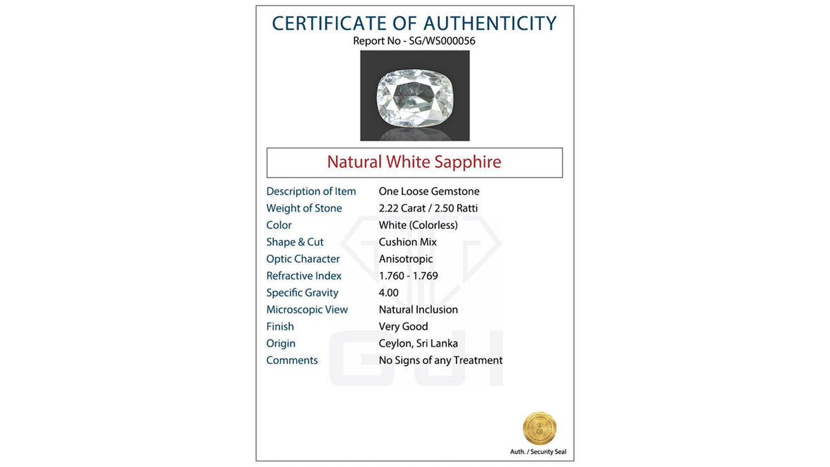 Buy GJI Certified 2.22 Carat White Sapphire with lifetime guarantee