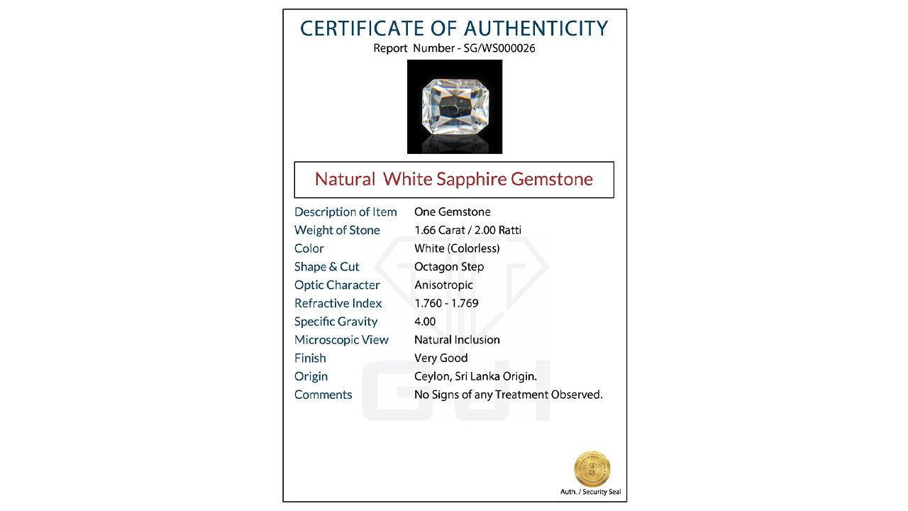 Buy GJI Certified 1.66 Carat White Sapphire with lifetime guarantee