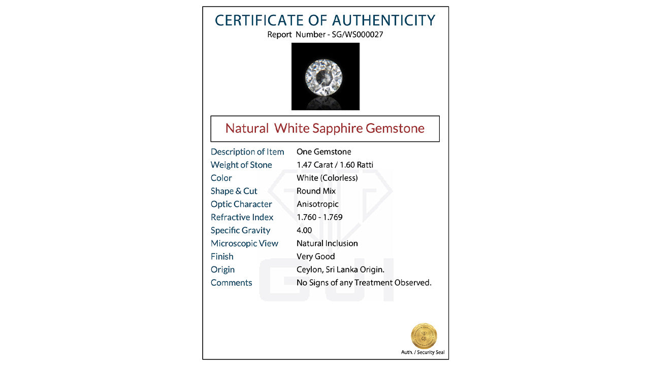 Buy GJI Certified 1.47 Carat White Sapphire with lifetime guarantee