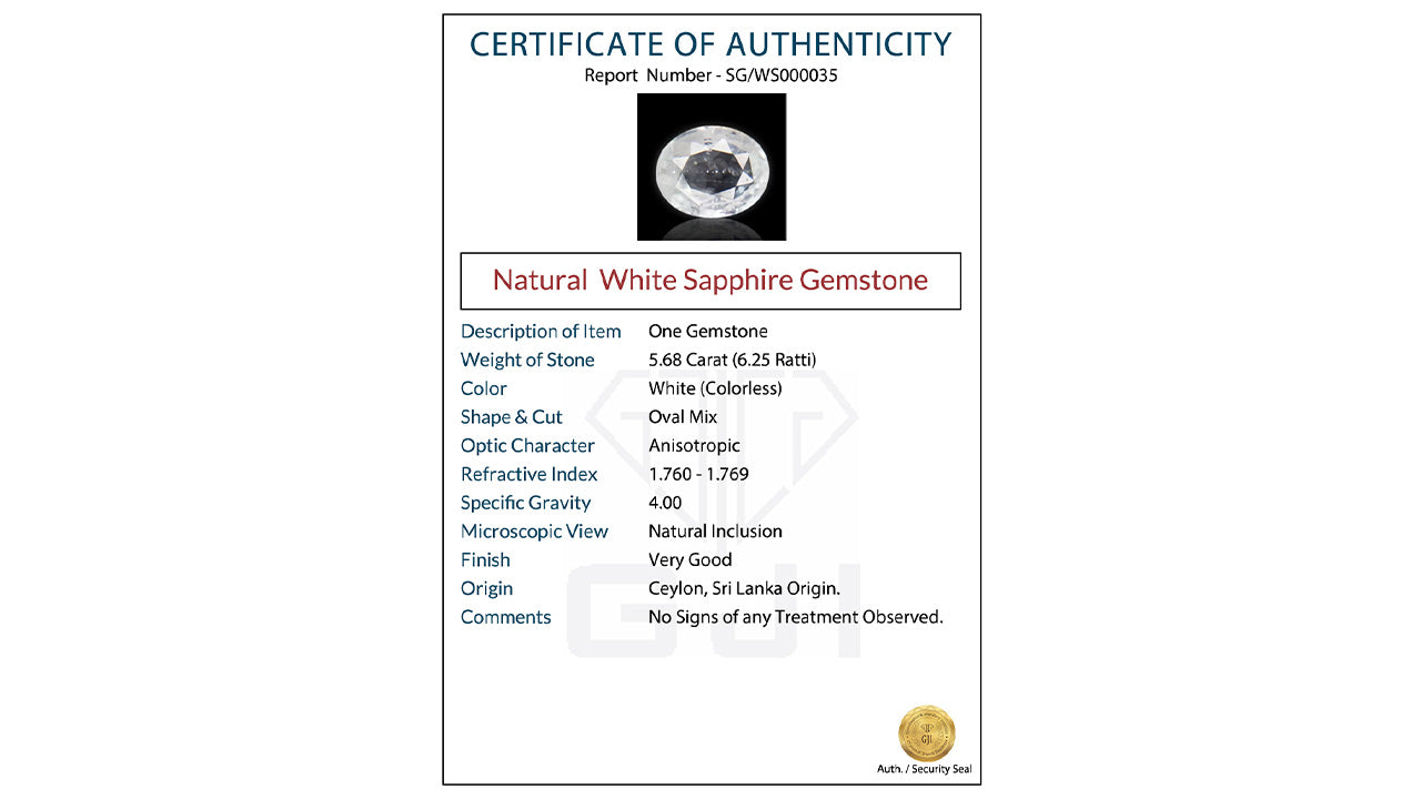 Buy GJI Certified 5.68 Carat White Sapphire with lifetime guarantee