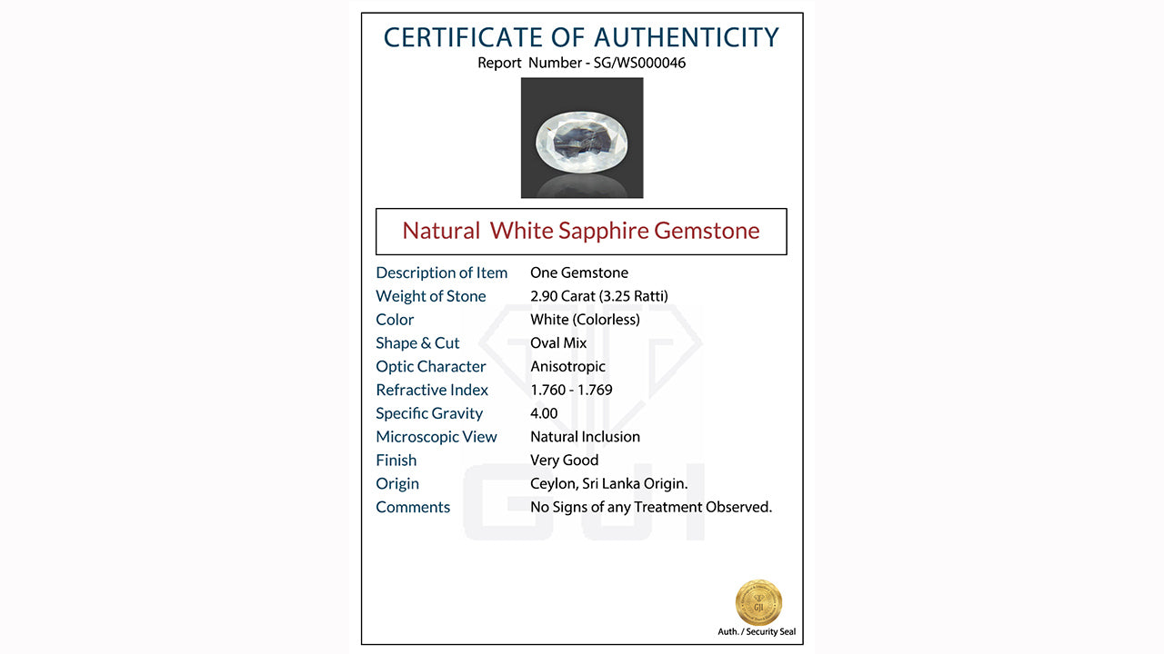Buy GJI Certified 2.90 Carat White Sapphire with lifetime guarantee