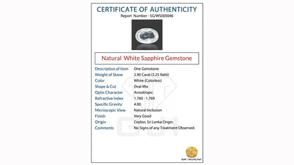 Buy GJI Certified 2.90 Carat White Sapphire with lifetime guarantee