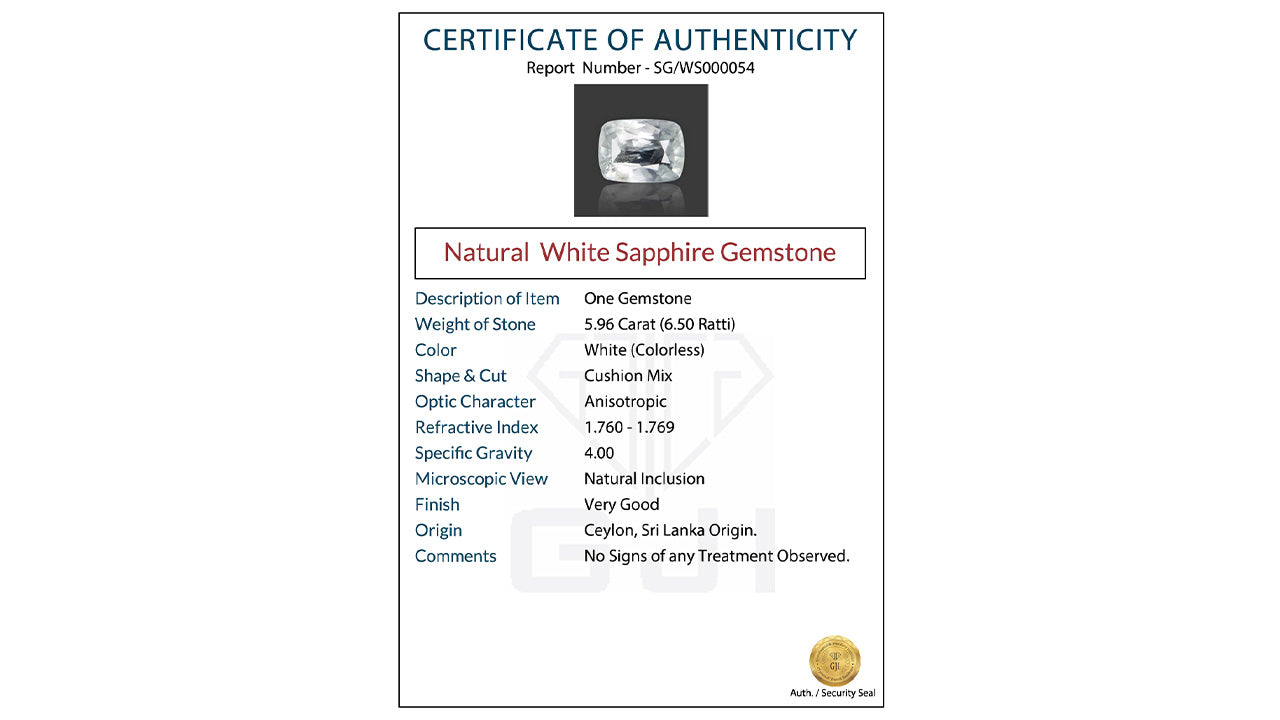 Buy GJI Certified 5.96 Carat White Sapphire with lifetime guarantee