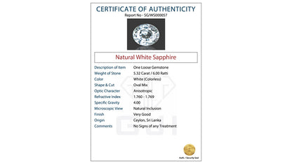 Buy GJI Certified 5.32 Carat White Sapphire with lifetime guarantee