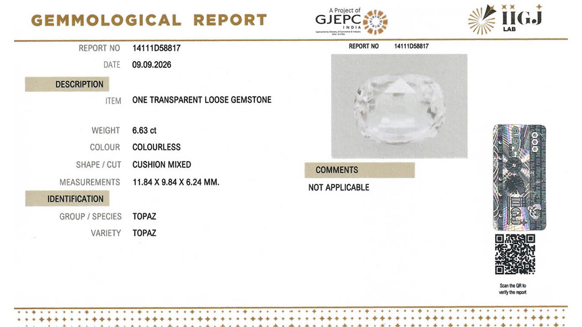 Buy IIGJ Certified 6.63 Carat Topaz with lifetime guarantee