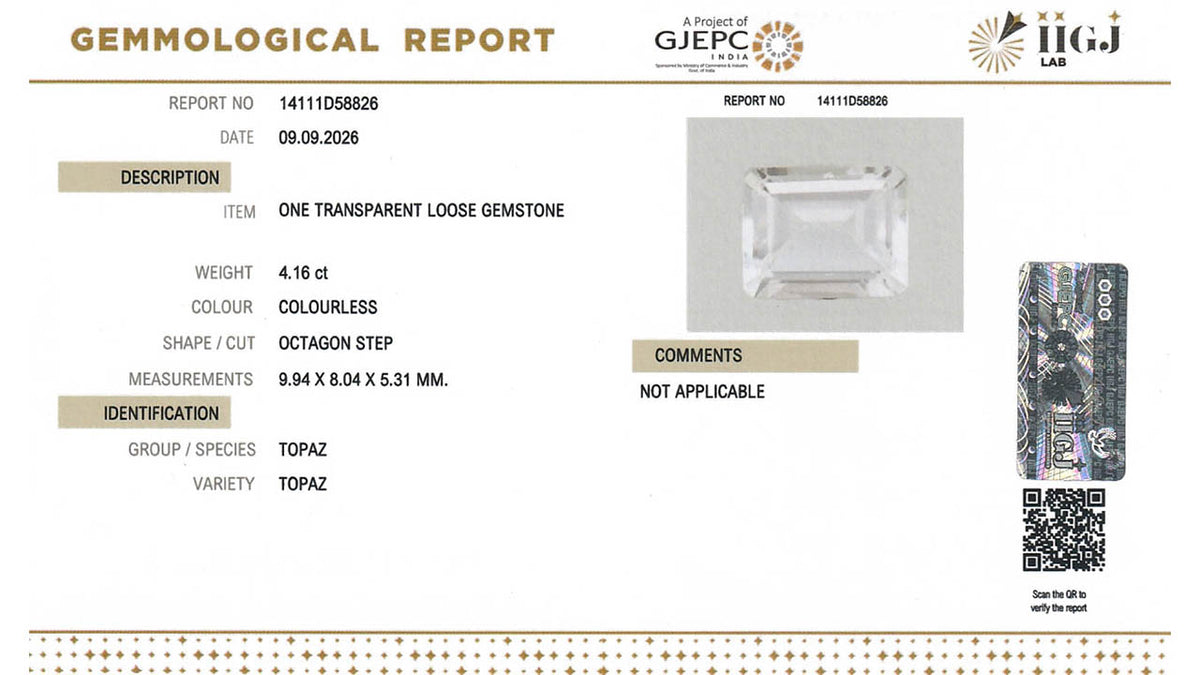 Buy IIGJ Certified 4.16 Carat Topaz with lifetime guarantee