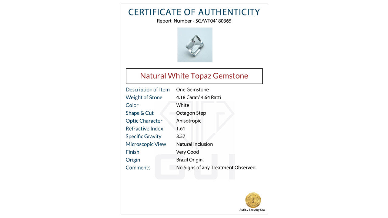 Buy GJI Certified 4.18 Carat Topaz with lifetime guarantee