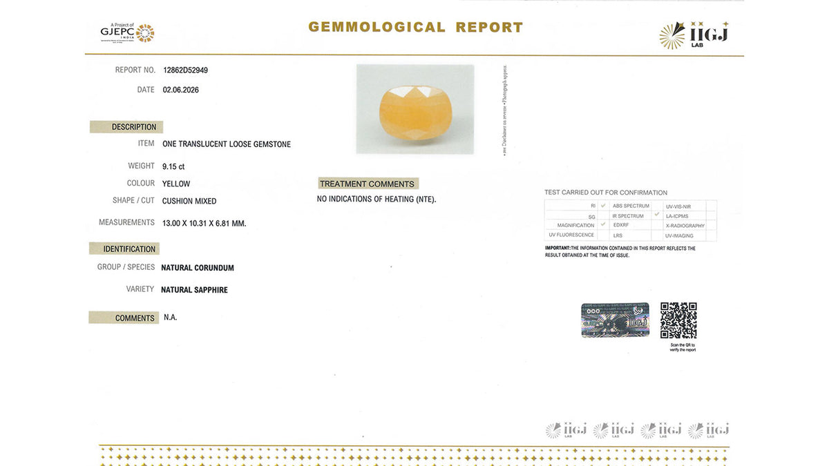Buy IIGJ Certified 9.15 Carat Yellow Sapphire with lifetime guarantee