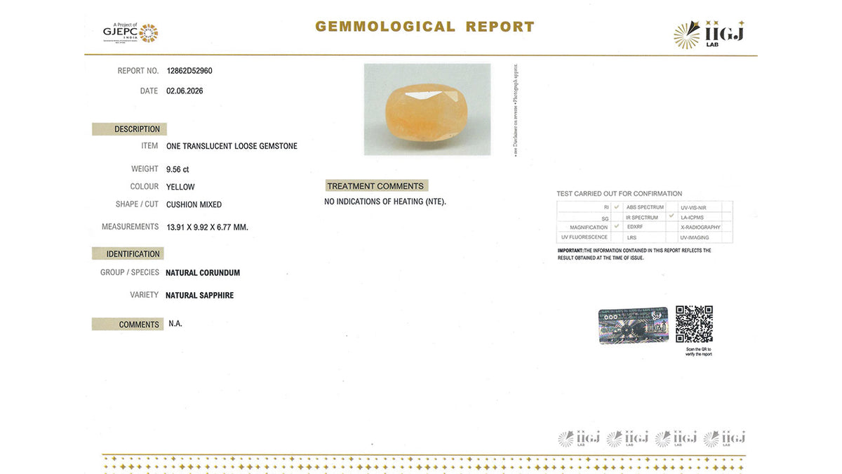 Buy IIGJ Certified 9.56 Carat Yellow Sapphire with lifetime guarantee