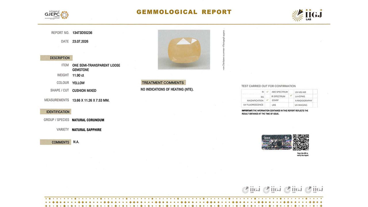 Buy IIGJ Certified 11.90 Carat Yellow Sapphire with lifetime guarantee
