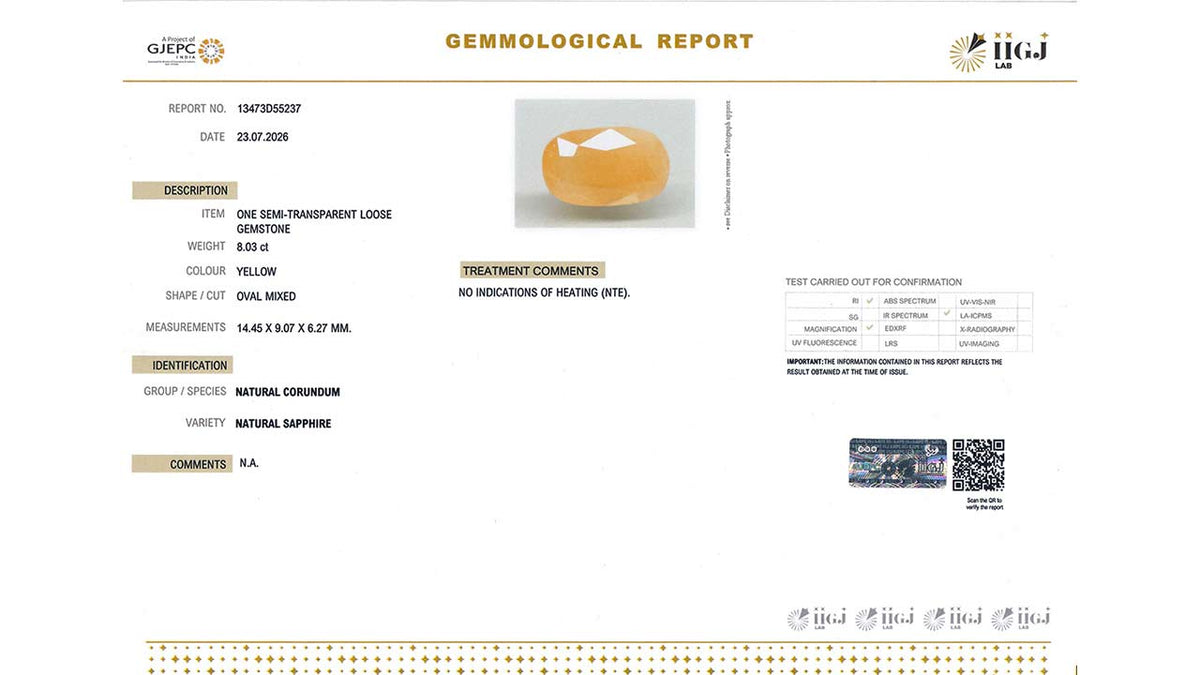 Buy IIGJ Certified 8.03 Carat Yellow Sapphire with lifetime guarantee