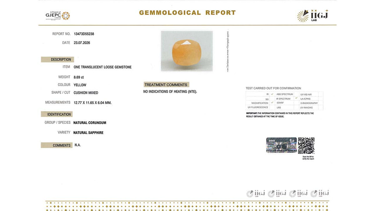 Buy IIGJ Certified 8.69 Carat Yellow Sapphire with lifetime guarantee