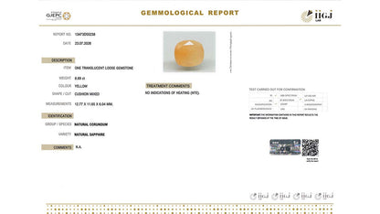 Buy IIGJ Certified 8.69 Carat Yellow Sapphire with lifetime guarantee