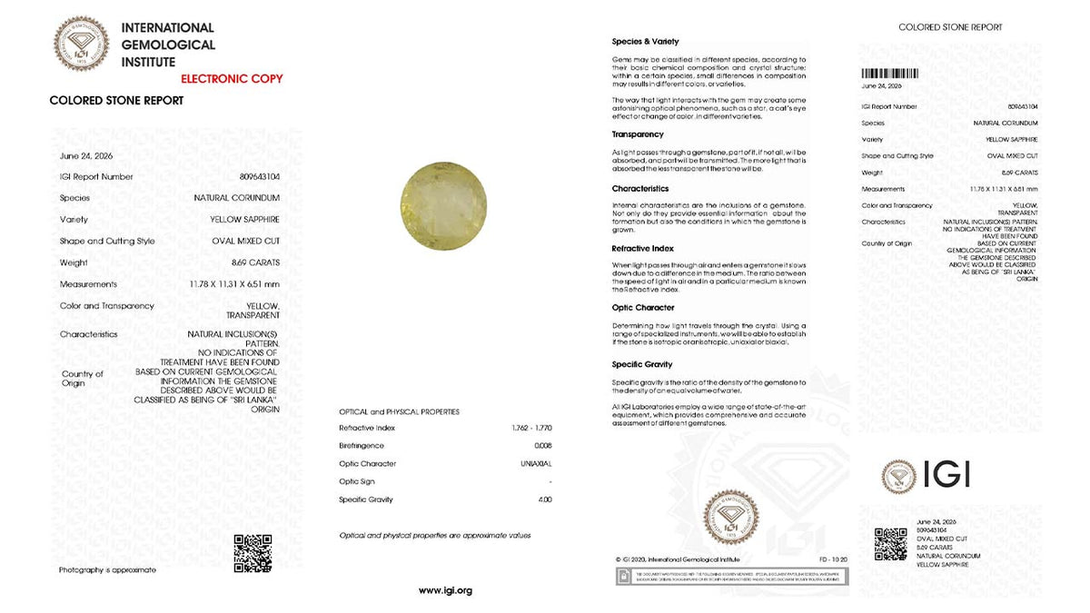 Buy IGI Certified 8.69 Carat Yellow Sapphire with lifetime guarantee