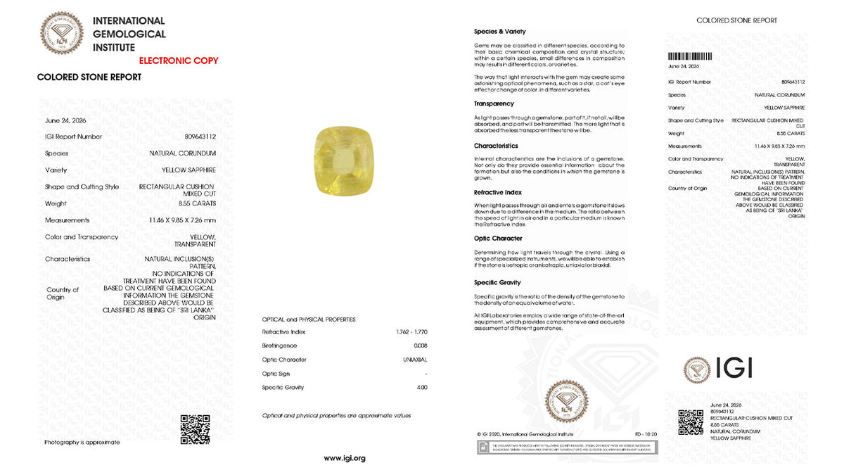 Buy IGI Certified 8.55 Carat Yellow Sapphire with lifetime guarantee