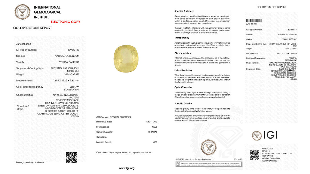 Buy IGI Certified 10.01 Carat Yellow Sapphire with lifetime guarantee
