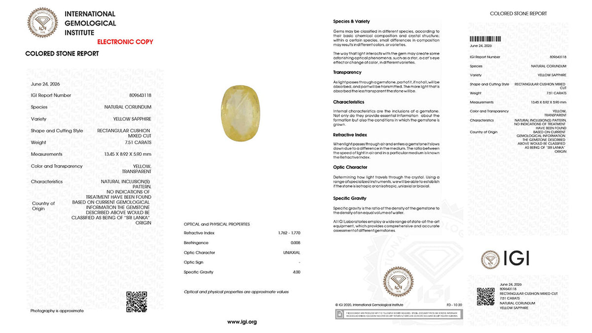 Buy IGI Certified 7.51 Carat Yellow Sapphire with lifetime guarantee