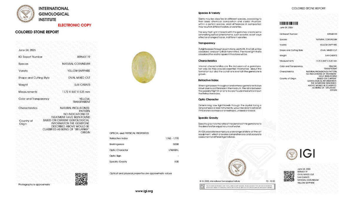 Buy IGI Certified 5.44 Carat Yellow Sapphire with lifetime guarantee