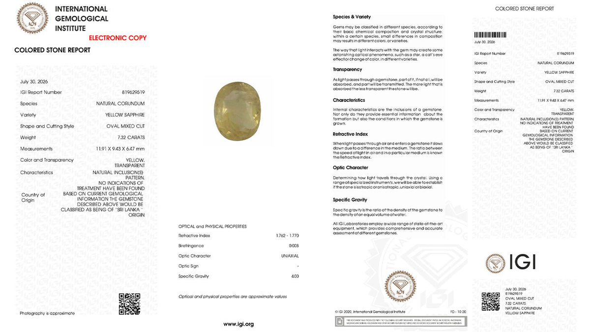 Buy IGI Certified 7.32 Carat Yellow Sapphire with lifetime guarantee