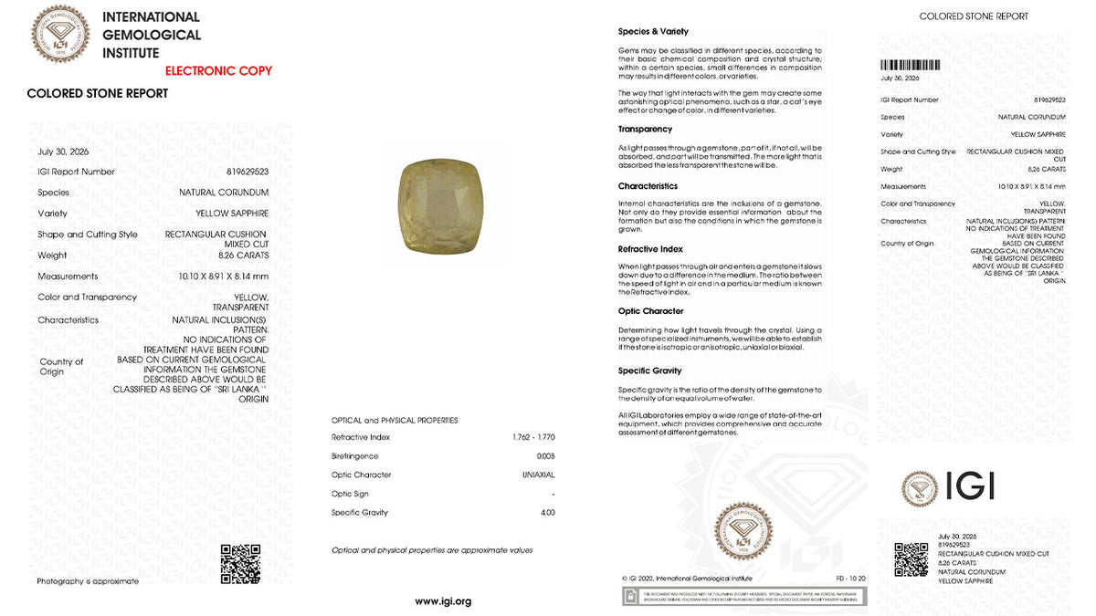 Buy IGI Certified 8.26 Carat Yellow Sapphire with lifetime guarantee