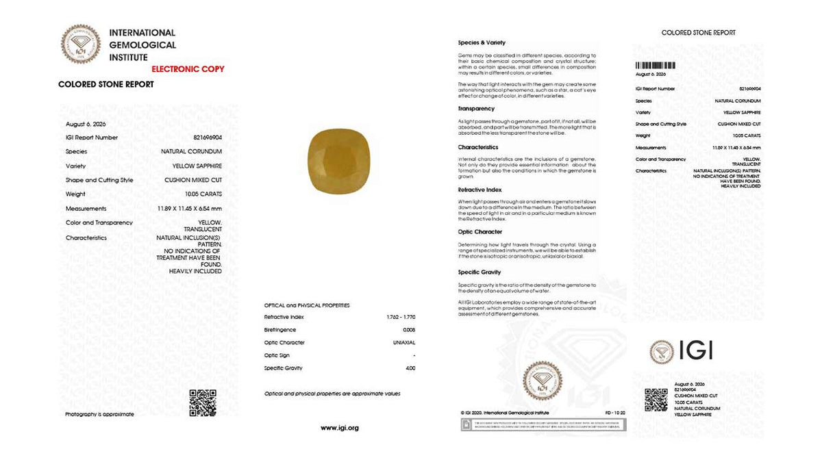 Buy IGI Certified 10.05 Carat Yellow Sapphire with lifetime guarantee