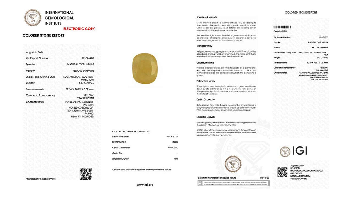 Buy IGI Certified 5.47 Carat Yellow Sapphire with lifetime guarantee