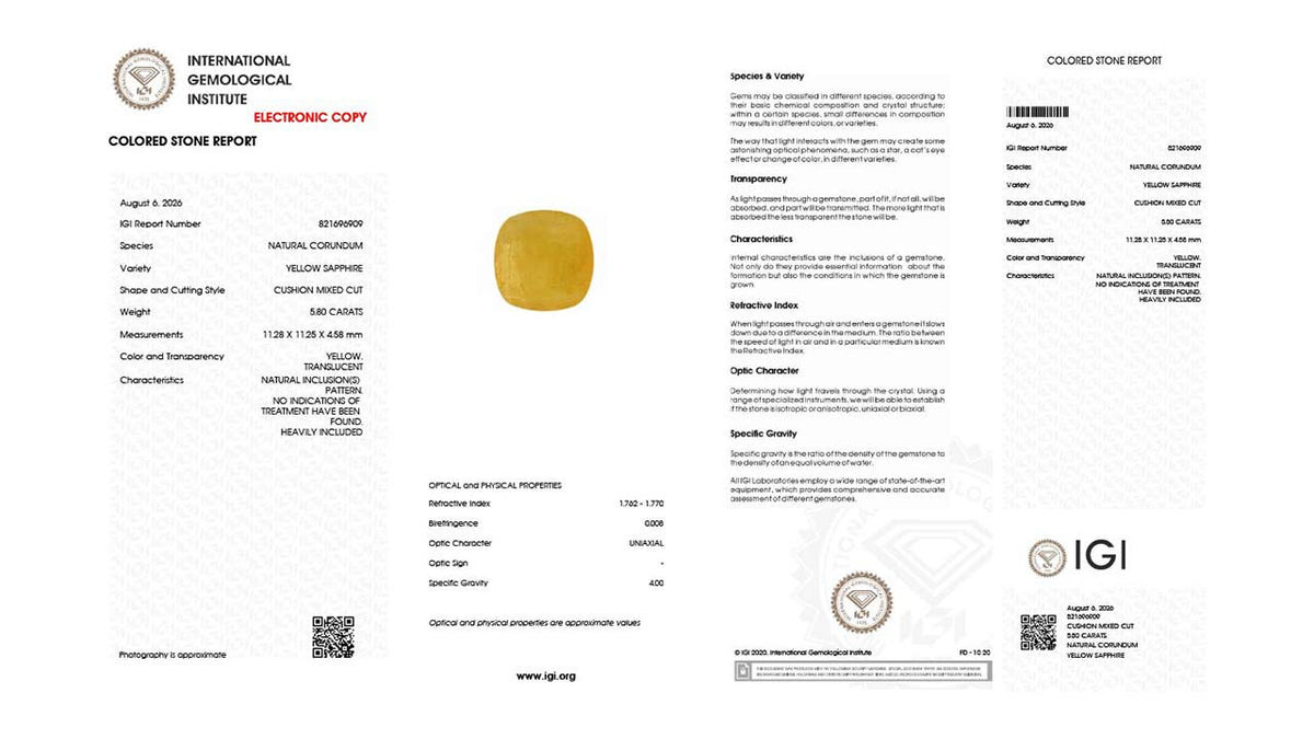 Buy IGI Certified 5.80 Carat Yellow Sapphire with lifetime guarantee