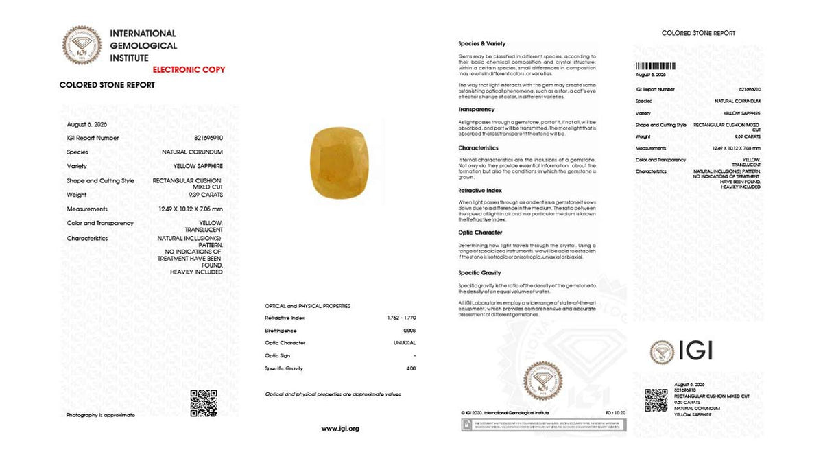 Buy IGI Certified 9.39 Carat Yellow Sapphire with lifetime guarantee