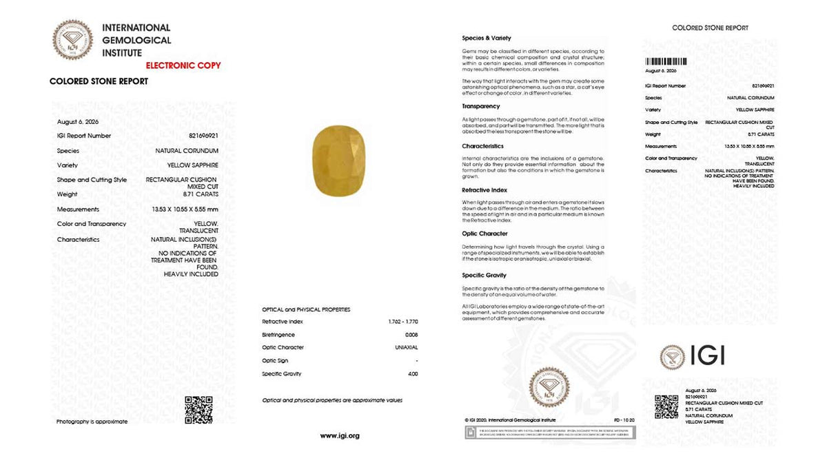 Buy IGI Certified 8.71 Carat Yellow Sapphire with lifetime guarantee