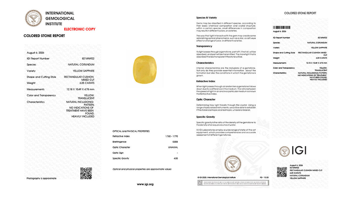 Buy IGI Certified 6.25 Carat Yellow Sapphire with lifetime guarantee