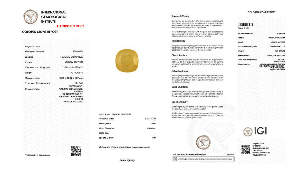 Buy IGI Certified 7.03 Carat Yellow Sapphire with lifetime guarantee