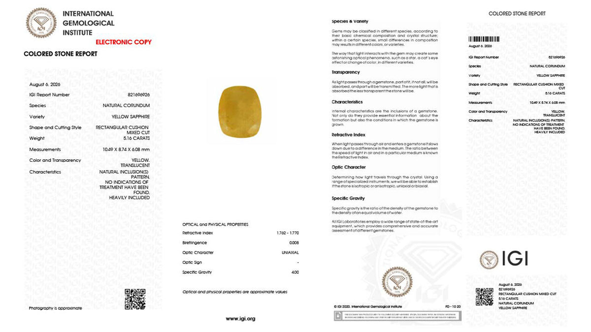 Buy IGI Certified 5.16 Carat Yellow Sapphire with lifetime guarantee