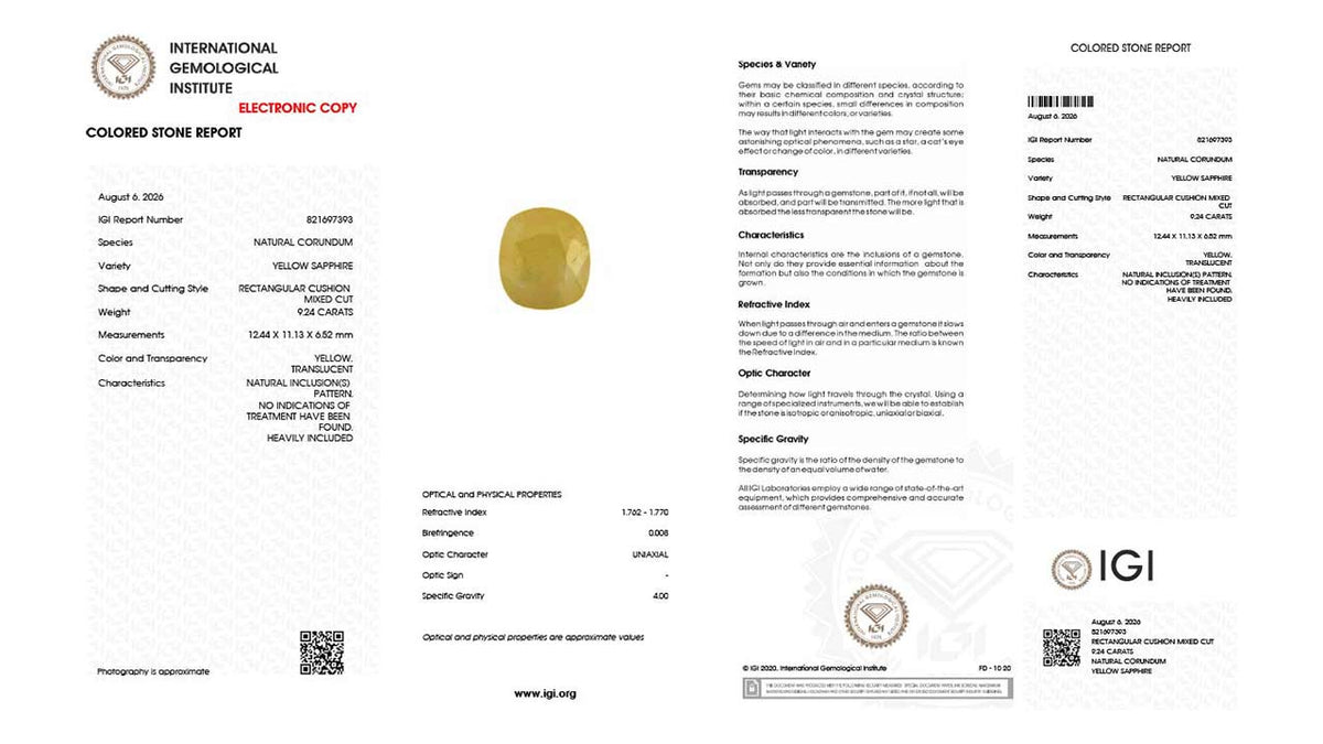 Buy IGI Certified 9.24 Carat Yellow Sapphire with lifetime guarantee
