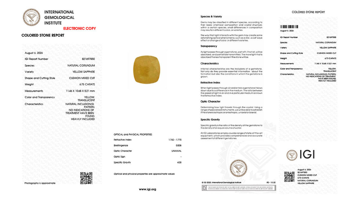 Buy IGI Certified 6.73 Carat Yellow Sapphire with lifetime guarantee
