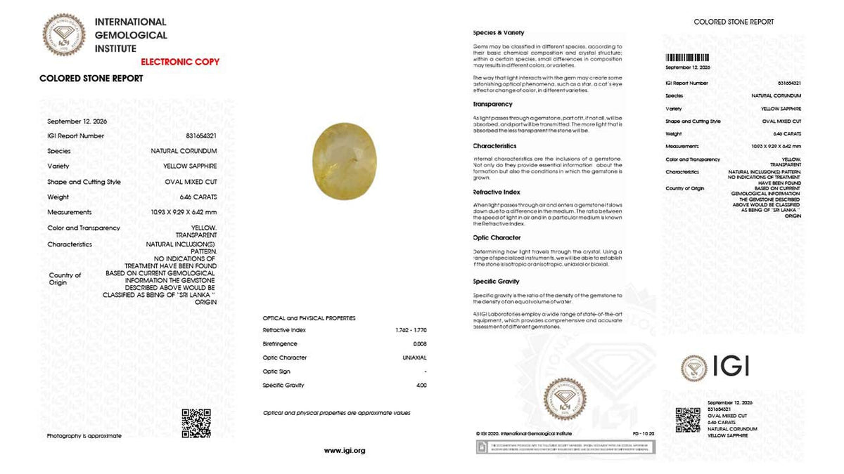Buy IGI Certified 6.46 Carat Yellow Sapphire with lifetime guarantee