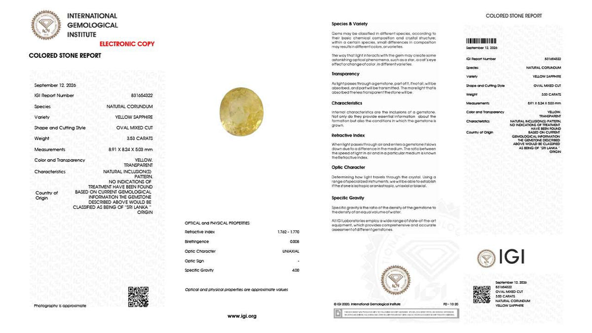 Buy IGI Certified 3.53 Carat Yellow Sapphire with lifetime guarantee